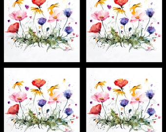 WILDFLOWERS Ceramic Coasters, Conjunto de 4 posavasos florales, Arte de acuarela por Dean Crouser