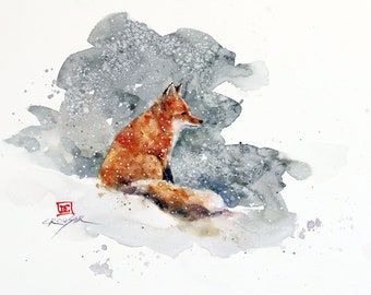 FOX in SNOW Winter Watercolor Print By Dean Crouser