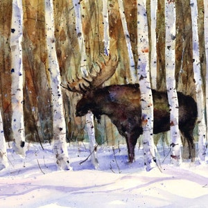 MOOSE in WINTER Watercolor Print, Moose Painting, Moose Art,  by Dean Crouser