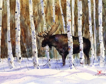 MOOSE in WINTER Watercolor Print, Moose Painting, Moose Art,  by Dean Crouser