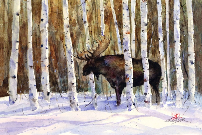 MOOSE in WINTER Watercolor Print Moose Art by Dean Crouser Moose Painting