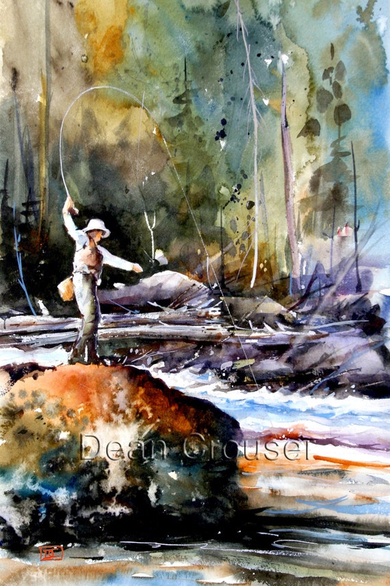 FLY FISHING Watercolor Print, Fish Art Painting by Dean Crouser