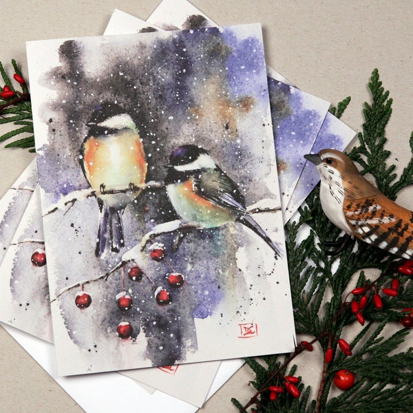 CHICHICKADEE and CRABAPPLE Christmas Cards Sets, Holiday Cards, Bird and Berries, Whimsical, Watercolor Bird Cards by Dean Crouser