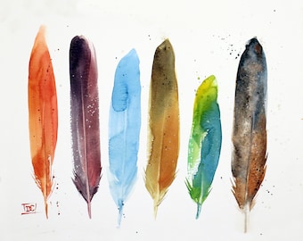 FEATHERS Colorful Bird Watercolor Print by Dean Crouser