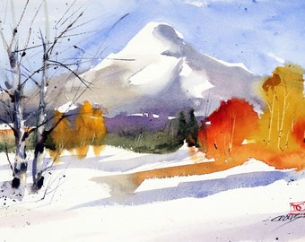 May include: Watercolor painting of a snow-capped mountain with a forest of trees in the foreground. The trees are a mix of yellow, orange, and red, suggesting autumn foliage. The sky is a light blue, and the snow is white.