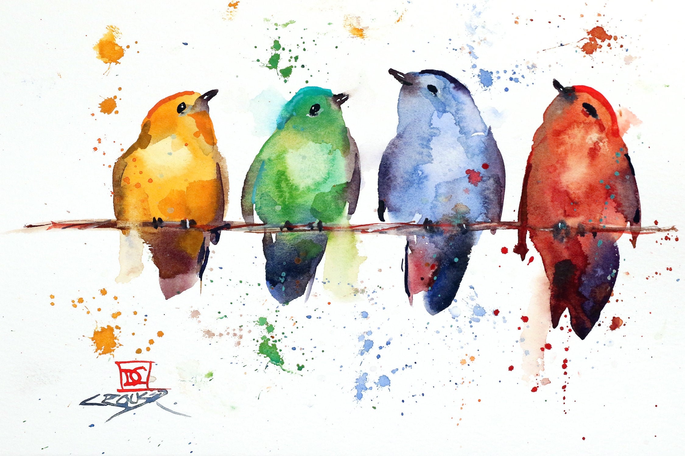 FOUR BIRDS in a  TREE, Primary Color Bird Art by Dean Crouser