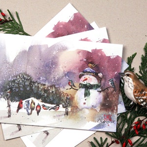 SNOWMAN & SONGBIRDS Christmas Cards Sets, Holiday Cards, Abstract, Whimsical Watercolor Birds by Dean Crouser