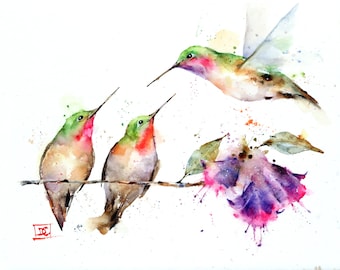 HUMMINGBIRD FLOWER and FRIENDS Watercolor Print by Dean Crouser