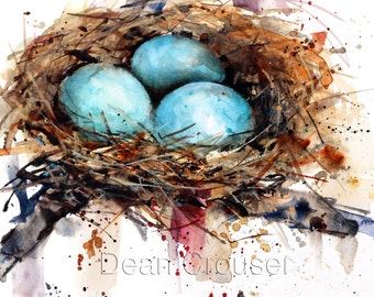May include: A watercolor painting of a bird's nest with three blue eggs inside. The nest is made of twigs and is surrounded by a white background with brown and red splatters of paint.