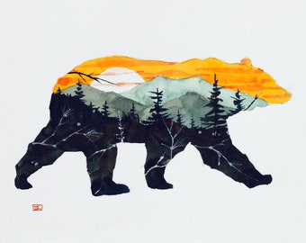 MOUNTAIN BEAR Wildlife Watercolor Print with Trees and Mountain by Dean Crouser