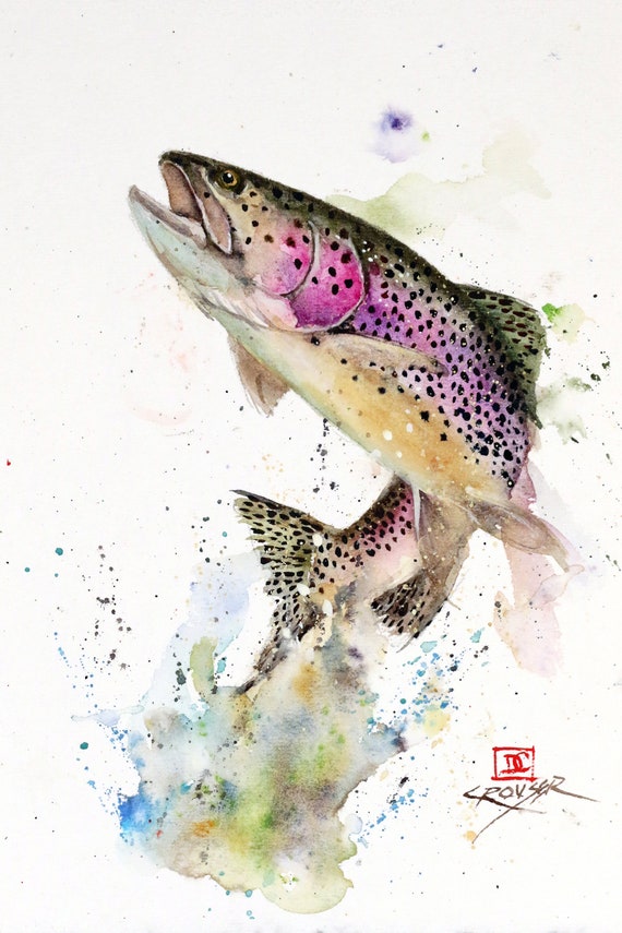 JUMPING RAINBOW Trout Watercolor Fish Print by Dean Crouser 