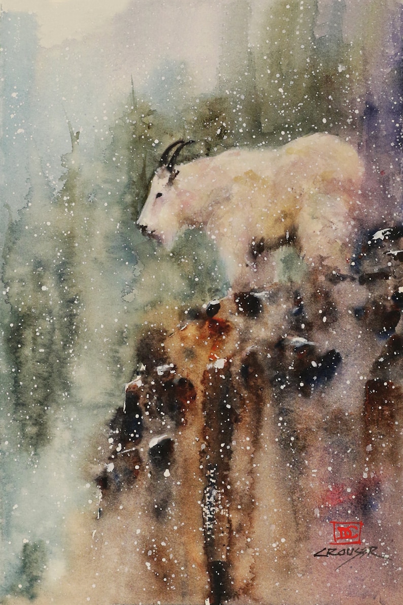 MOUNTAIN GOAT Wildlife Print Watercolor Painting by Dean Crouser
