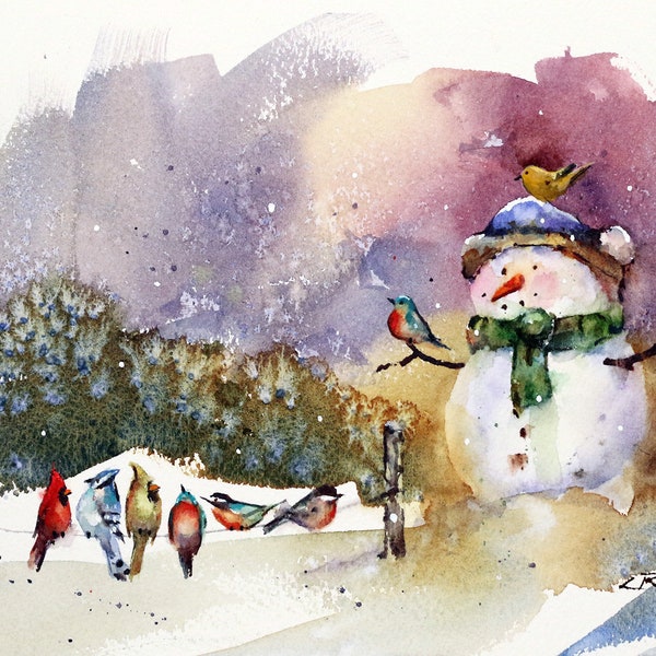 SNOWMAN and SONGBIRDS Watercolor Bird Print by Dean Crouser