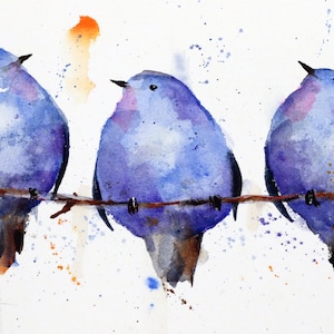 BLUEBERRY BIRDS Whimsical Watercolor Bird Print by Dean Crouser