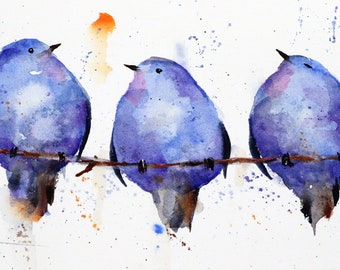 BLUEBERRY BIRDS Whimsical Watercolor Bird Print by Dean Crouser