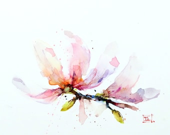May include: A watercolor painting of a pink magnolia flower with a delicate stem and leaves. The flower is painted in a soft, romantic style with subtle shades of pink, purple, and yellow.