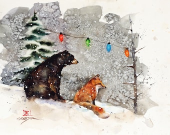 FOX and BEAR in Snow Watercolor Print by Dean Crouser