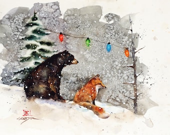 May include: A watercolor painting of a black bear and a fox in a snowy forest setting. The bear is sitting on the left side of the image, while the fox is sitting on the right side. There are Christmas lights strung between two trees in the background.