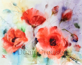 May include: Watercolor painting of red poppies with a light background. The artist's signature, "Dean Crouser", is visible in the bottom right corner.