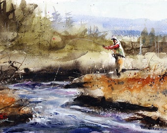 MEADOW STREAM Watercolor Fishing Print by Dean Crouser