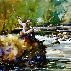 TROUT FISHING Watercolor Print from Original Painting By Dean Crouser