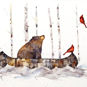 BLACK BEAR, CARDINALS and Canoe Watercolor Print by Dean Crouser