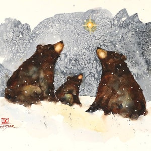 BEARS and STARRY NIGHT Winter Snow Print from Original Watercolor by Dean Crouser