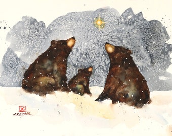 BEARS and STARRY NIGHT Winter Snow Print from Original Watercolor by Dean Crouser
