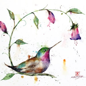 HUMMINGBIRD and FLOWERS Watercolor Bird Print by Dean Crouser