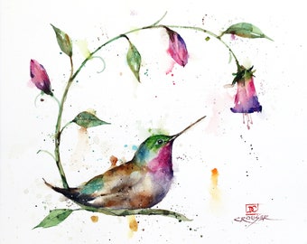 HUMMINGBIRD and FLOWERS Watercolor Bird Print by Dean Crouser