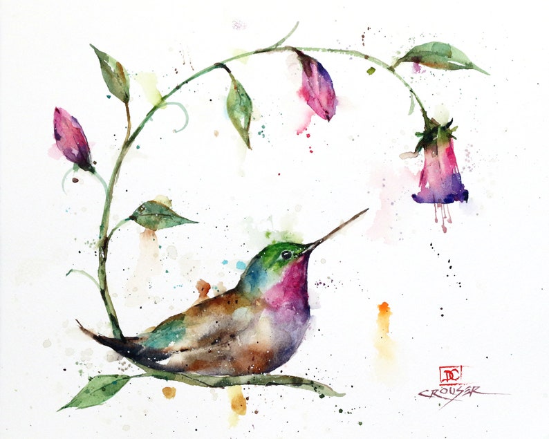 HUMMINGBIRD and FLOWERS Watercolor Bird Print by Dean Crouser image 1