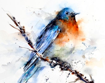 May include: Watercolor painting of a bluebird perched on a branch. The bird is painted in shades of blue, brown, and orange. The background is a soft wash of blue and white.