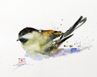 May include: Watercolor painting of a small brown and gray bird with a long tail, perched on a blue and brown watercolor background. The painting is signed "DC" in the lower left corner.