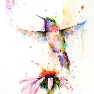 HUMMINGBIRD and Flower Watercolor Bird Art Print by Dean Crouser