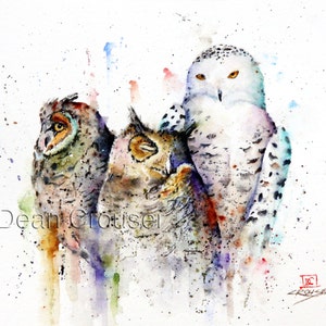 THREE OWLS Watercolor Bird Print, Owl Art by Dean Crouser