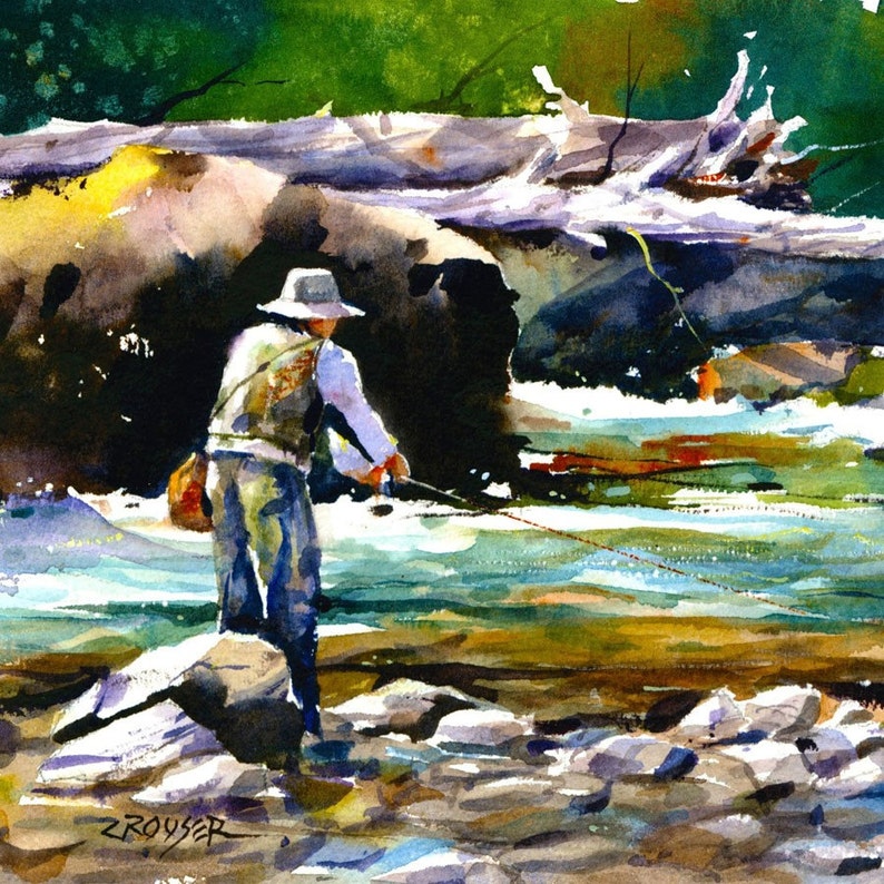 TROUT FISHING Watercolor Print By Dean Crouser image 1