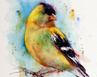 May include: Watercolor painting of a yellow bird with black and white markings on its wings. The bird is perched on a branch with a blue and green watercolor background.
