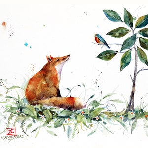 FOX and BLUEBIRD Whimsical Animal Bird Watercolor Print by Dean Crouser