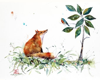May include: A watercolor painting of a red fox sitting in a field of green grass and white flowers. A bluebird is perched on a branch of a small tree with green leaves.