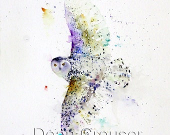 SNOWY OWL Colorful Watercolor Bird Art Print, Owl Painting by Dean Crouser