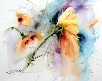 May include: Abstract watercolor painting of a yellow flower with a long stem and green leaves. The background is a soft blend of blue, purple, and white.