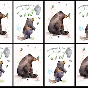 May include: Watercolor paintings of bears interacting with butterflies and bees. Each artwork features a bear in various poses, with a butterfly near its nose. Branches with leaves and a beehive are also present.