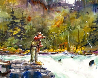 May include: A watercolor painting of a person fly fishing in a river. The person is standing on a rocky bank, casting their line into the rushing water. The background is a lush forest with green trees and a blue sky.