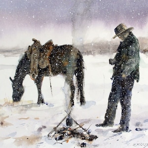 COWBOY and HORSE Winter Watercolor Print