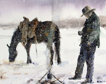 COWBOY and HORSE Winter Watercolor Print
