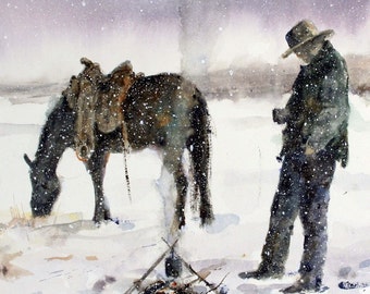 COWBOY and HORSE Winter Western Outdoor Watercolor Print