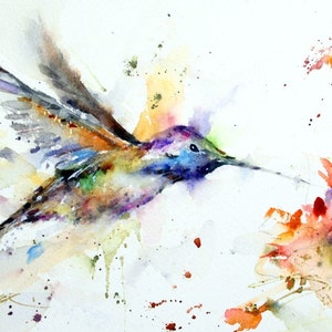 HUMMINGBIRD and FLOWER Watercolor Bird Print, Hummingbird Painting, Bird Art