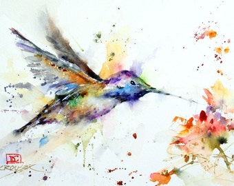 HUMMINGBIRD and FLOWER Watercolor Bird Print, Hummingbird Painting, Bird Art