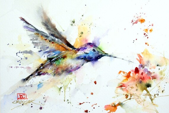 HUMMINGBIRD y FLOWER acuarela Bird Print, Pintura de colibríes, Arte de aves