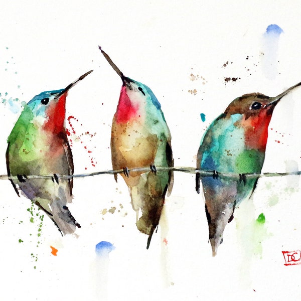 THREE HUMMINGBIRDS Watercolor Bird Print by Dean Crouser